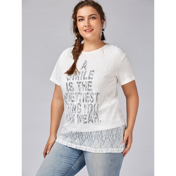 ✨ Plus Size "Smile" Print Lace Overlay T-Shirt ✨ - Picture 3 of 8